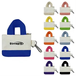 Mini Two Tone Canvas Tote Bag Keychain Coin Purse W/ Zipper