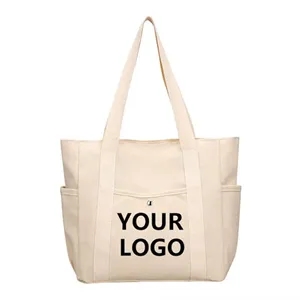 Customized Eco-Friendly Canvas Tote Bag with 2 Side Pockets