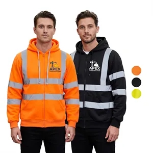 Hi Viz Class 3 Reflective Tape Safety Zipper Pocket Hoodie