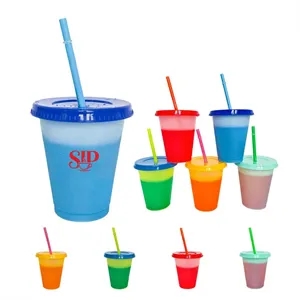 16oz Plastic Color Changing Cups w/ Lids & Straws