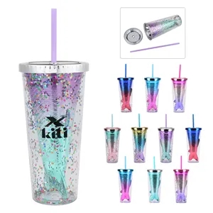12Oz Mermaid Double Wall Water Cups W/ Lid & Straw