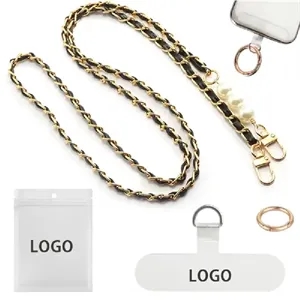 Leather Phone Crossbody Lanyard with Pearl Beads - 47.2in