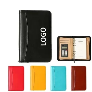 A6 Zippered PU Leather Notebook Padfolio with Calculator