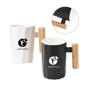 13OZ Geometric Shape Wooden handle Ceramic Cup Set