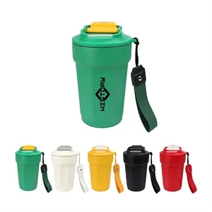 15Oz Travel Insulated Stainless Steel Coffee Mug W/ Strap