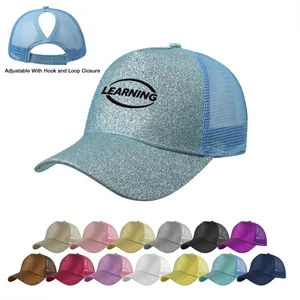 Mesh Back Glitter Baseball Hat W/ Ponytail High Bun
