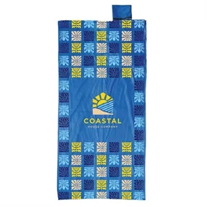 Microfiber beach towel with built-in drawstring bag