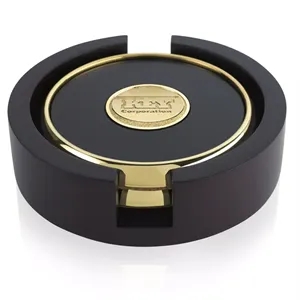 JAFFA® Two Round Coasters with Wood Tray | https://www.bestnamebadges.com