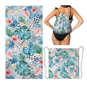 2-in-1 Foldable Beach Towel Drawstring Backpack