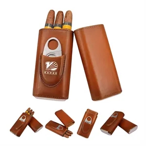 Leather Cigar Case Silver Steel Cutter