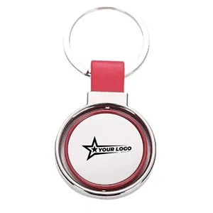 Round Metal Keychain with Leather Strap