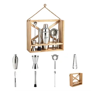 7 Piece Stainless Steel Cocktail Shaker Set W/ Wood Stand