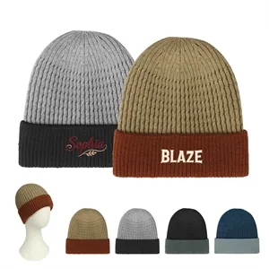 Unisex Two Tone Cuffed Knit Beanie W/ Fleece Lined