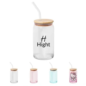 Glass Jar Tumbler with Bamboo Lid Straw 16 Ounces