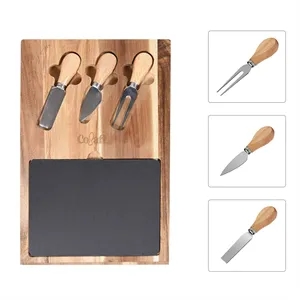 Wood Cheese Board Set W/ 3 Knives & Removable Slate
