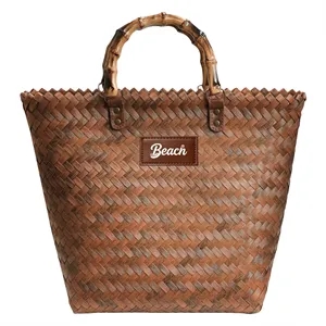 PP Straw Woven Tote Bag W/ Bamboo Style Handle