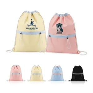 Colorblock Nylon Drawstring Backpack with Dual Front Pockets