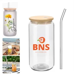 16 Oz Can Shaped Glass Cup with Bamboo Lids and Straw