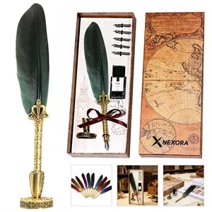 Vintage Feather Pen Gift Set W/ Ink & Stand Nibs