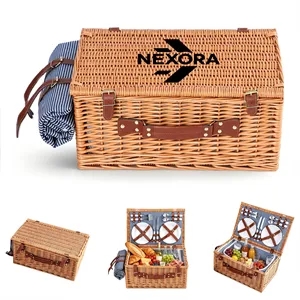 Wicker Picnic Basket Set For 4 Persons W/ Blanket & Cutlery