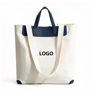 PU Leather Handle Canvas Tote Bag