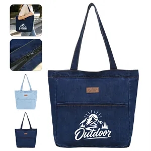 Large Reusable Zipper Denim Tote Bag For Work Travel