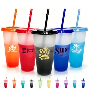24Oz BPA Free Color Changing Stadium Cup W/ Lid & Straw