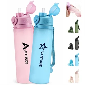 20 Oz Silicone Collapsible Water Bottles W/ Straw & Strap
