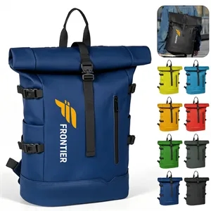 Roll Top Leather Business Laptop Backpack W/ Luggage Sleeve