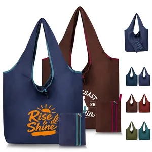Polyester Foldable Shopping Tote Bag W/ Small Zipper Pouch