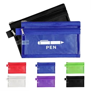 8.5"x5" Twin Pocket Mesh Pencil Pouch W/ Zipper