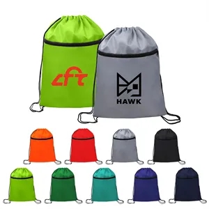 Polyester Sports Drawstring Backpack W/ Zipper Pocket