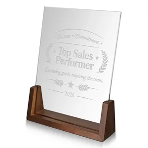 Personalized Clear Crystal Award Plaque With Wooden Base
