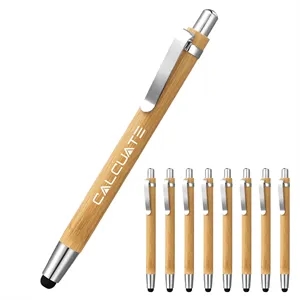 2 In 1 Bamboo Retractable Ballpoint Pen W/ Stylus Tip