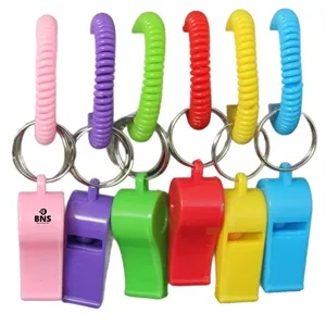 Colorful Plastic Whistle Key Chain with Coiled Wrist Strap