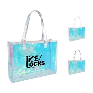 PVC Holographic Iridescent Beach Tote Bag W/ Leather Handle