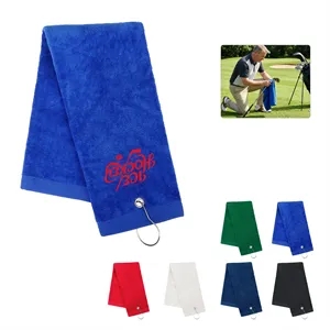 Portable Tri Fold Cotton Golf Towel W/ Carabiner Clip