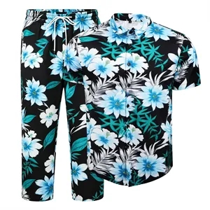 2 Piece Full Color Button Down Shirt Casual Loose Pant Set
