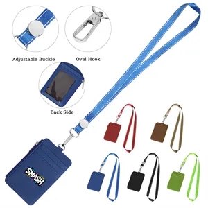 PU Leather ID Badge Holder&Zippered Card Wallet W/ Lanyard