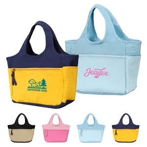 Two Tone Small Shopping Tote Bag W/ Zipper Closure