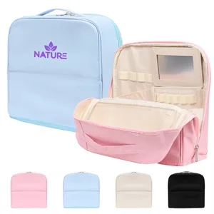 Large Opening PU Leather Travel Makeup Bag W/ Handle