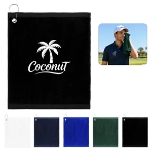 Cotton Velour Hemmed Golf Towel With Carabiner 12.6"x15.7"