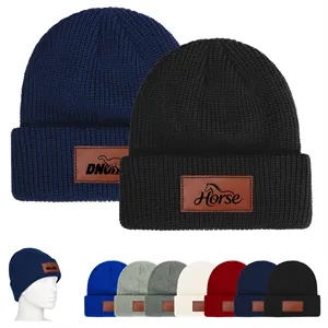 Unisex Acrylic Cuffed Knit Beanie W/ Faux Leather Patch