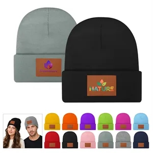 Classic Cuffed Knit Beanie W/ PU Leather Patch
