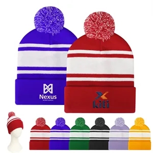 Two Tone Knit Pom Beanie Hat With Cuff