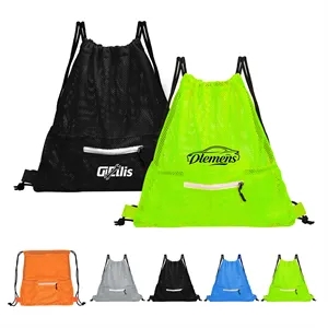 Breathable Polyester Mesh Drawstring Bag W/ Pockets