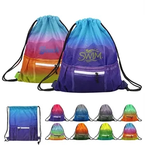 Gradient Color Mesh Drawstring Backpack W/ Pockets