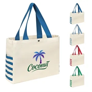 Canvas Shopping Tote Bag W/ Side Pocket & Stripes Decor