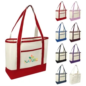 Large Two Tone Canvas Boat Tote Bag W/ Front Pocket