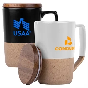 15oz. Tall Tapered Two-Tone Ceramic Coffee Mug with Wood Lid